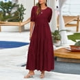 thumbnail image 6 of Wycnly Summer Dresses for Women Maxi Dress for Women Lantern Sleeve Loose Pleated Swing Maxi Dress Womens Trendy Solid Round Neck Short Sleeve Long Dress, 6 of 7
