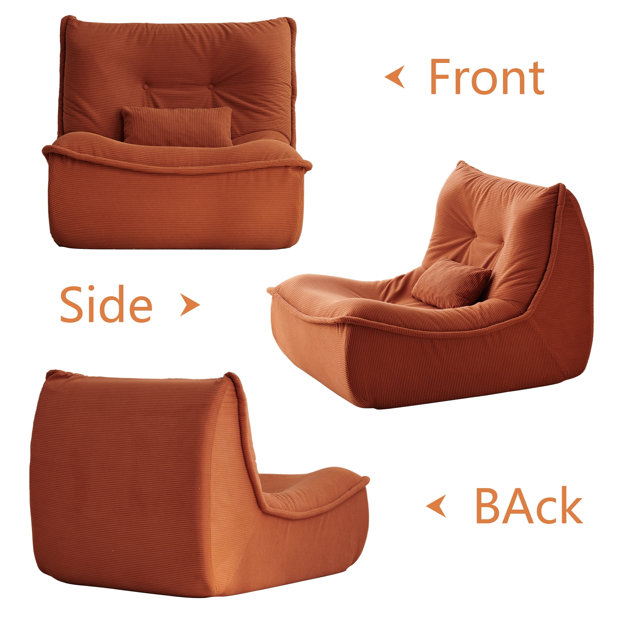 NBLDGT Bean Bag Chair for Adults, Single Lounge Chair with Lumbar Pillow, Comfy Floor Sofa with High-Resilience Foam, Lazy Accent Chair for Living Room, Bedroom, Apartment, Or Reading Corner, Orange