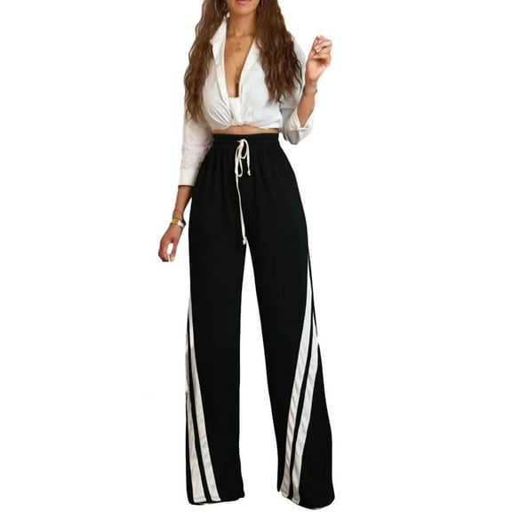 Tittly Lounge Pants Women Cotton Pants for Women Casual Sweatpants Women Loose Wide Leg Elastic Waist Drawstring Cargo Striped Sweat Pants Pants for Women Trendy Comfy Pants Women Black L