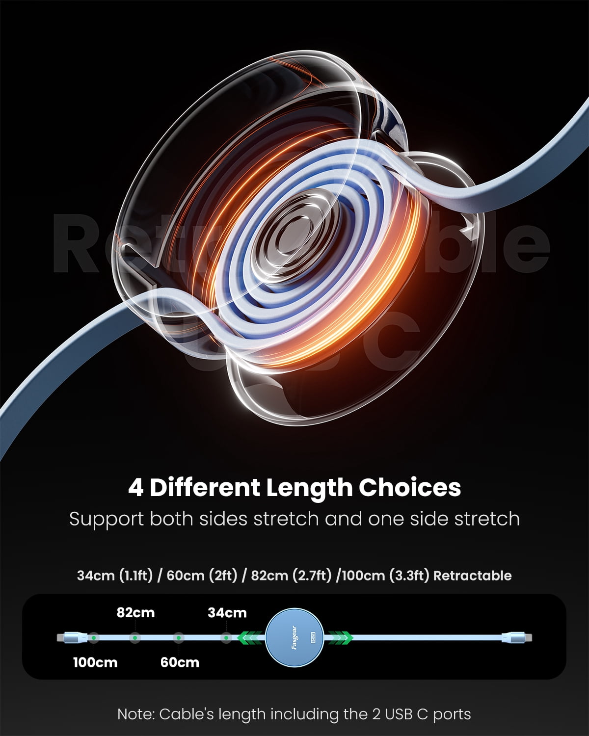 Fasgear 240W USB C to USB C Cable 3.3ft Retractable 5A Fast Charging Type C Cord for 100W USB C Charger [4-Stretch Length] Compatible with i-Phone 15 Pro Max, Le-novo Y7000P, Surface Pro 9 (Blue)