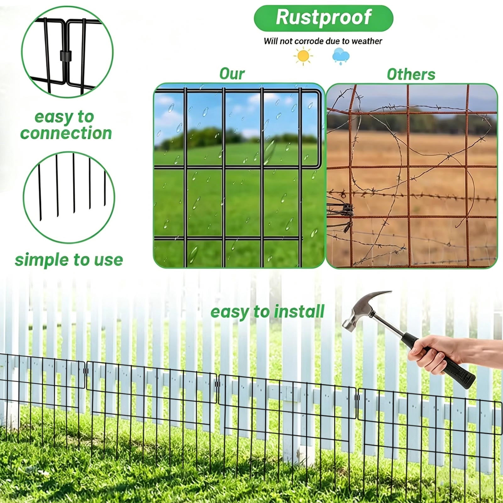 Metal Garden Fence 6 Panels, Black Iron Outdoor Pet Barrier, Rust Proof Animal Fence for Yard Lawn, Decorative Landscape Fencing with Easy Installation Stakes