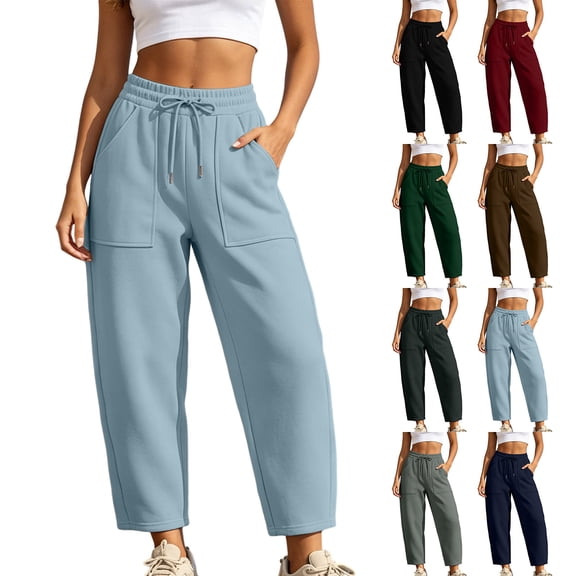 Vhkiploz Plus Size Wide Leg Pants for Women's Drawstring High Stretchy Waist Joggers Solid Hiking Running Vacation Trousers