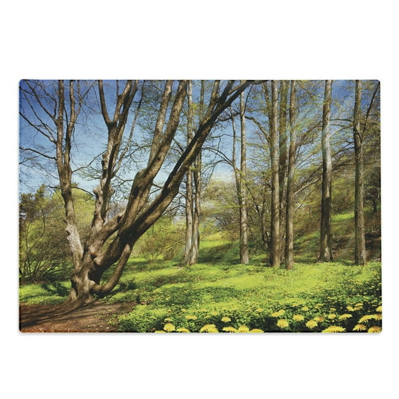 Nature Cutting Board, Spring Forest Flower Field and Trees Dreamy Eco in Sunny Open Sky Landscape, Decorative Tempered Glass Cutting and Serving Board, Large Size, Yellow Blue Brown, by Ambesonne