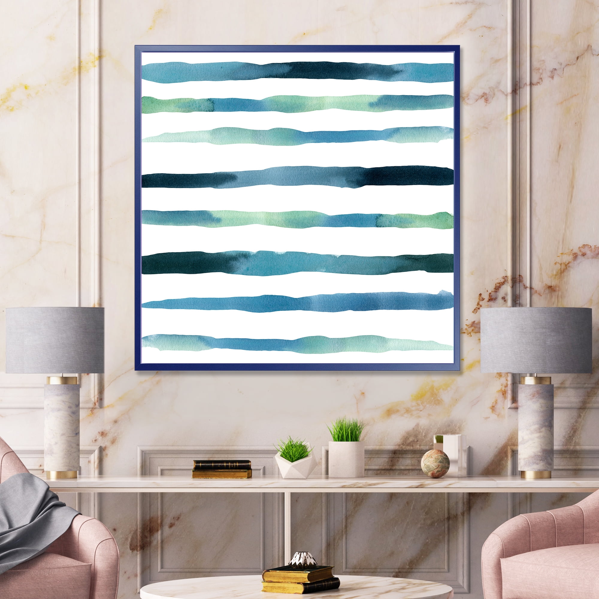 Designart 'Dark Blue Verticals Aquatic ' Modern Framed Canvas Wall Art Print