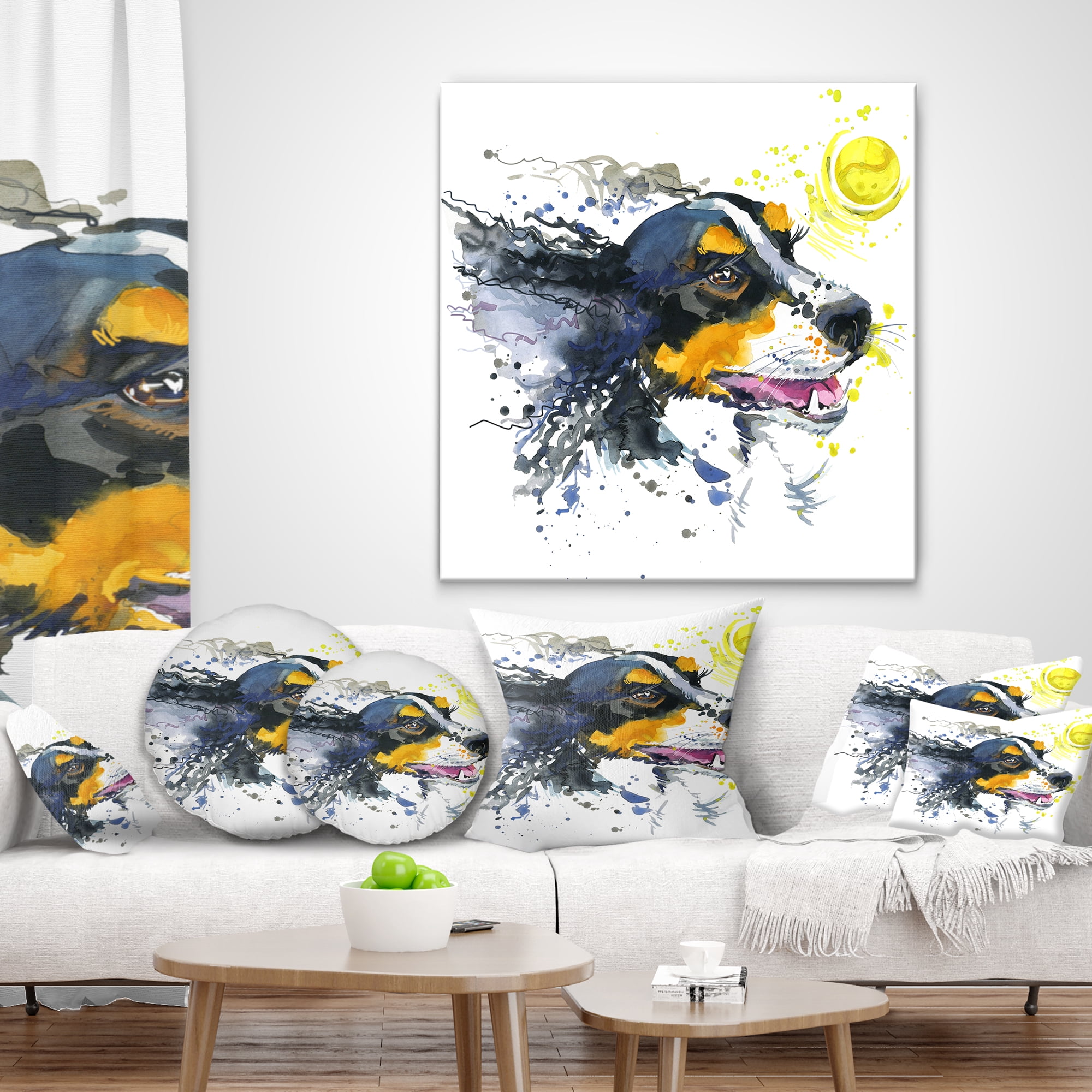 Designart Dog and Yellow Ball Watercolor - Abstract Throw Pillow - 18x18