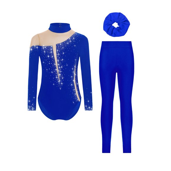 Aislor Justaucorps de Gymnastique pour Filles Manches Longues Combinaison de Patinage Scintillante avec Strass Ensemble de Danse et Leggings Bandeau Bleu Royal 14