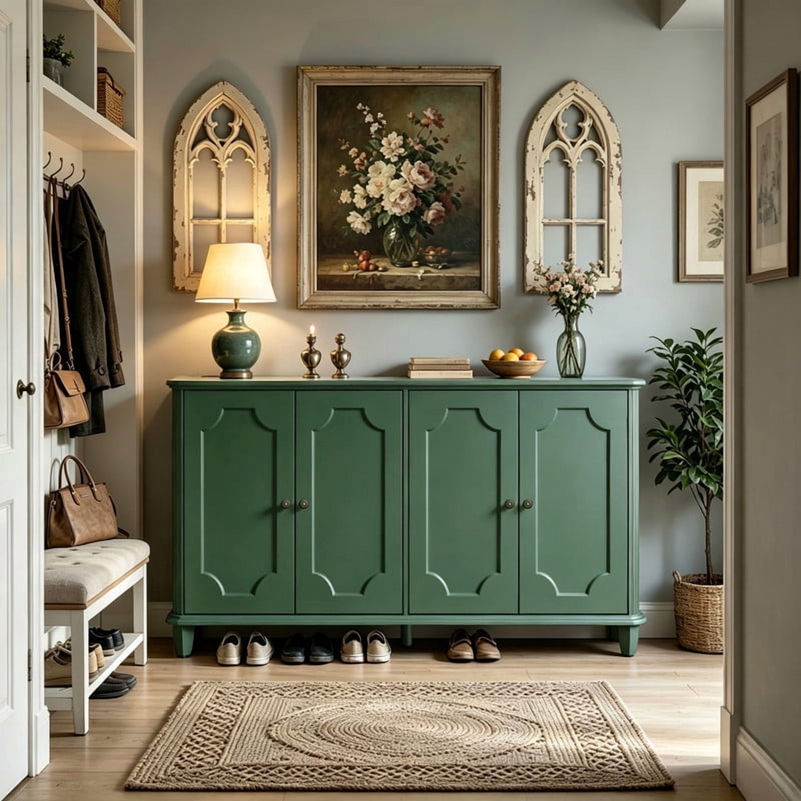 Vintage Farmhouse Buffet Sideboard Cabinet, 4 Embossed-Door Storage Cupboard, Versatile Cabinet with Adjustable Shelf