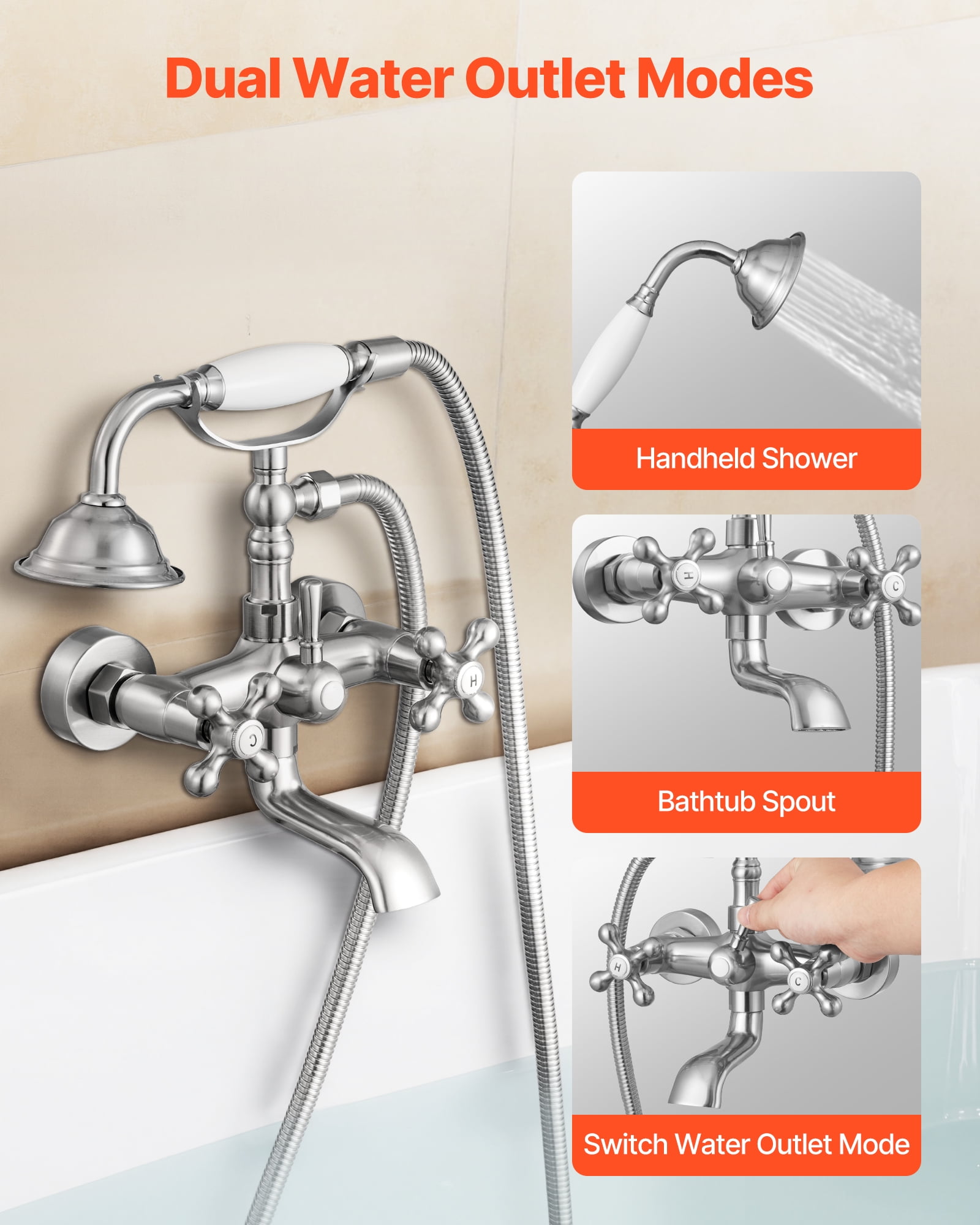 VEVOR Clawfoot Tub Faucet, Wall Mount Bathtub Faucets with Handheld Shower, Vintage Brushed Nickel Clawfoot Tub Filler Faucet Shower Kit with Adjustable Swing Arms & 360° Rotation Spout for Bathtubs