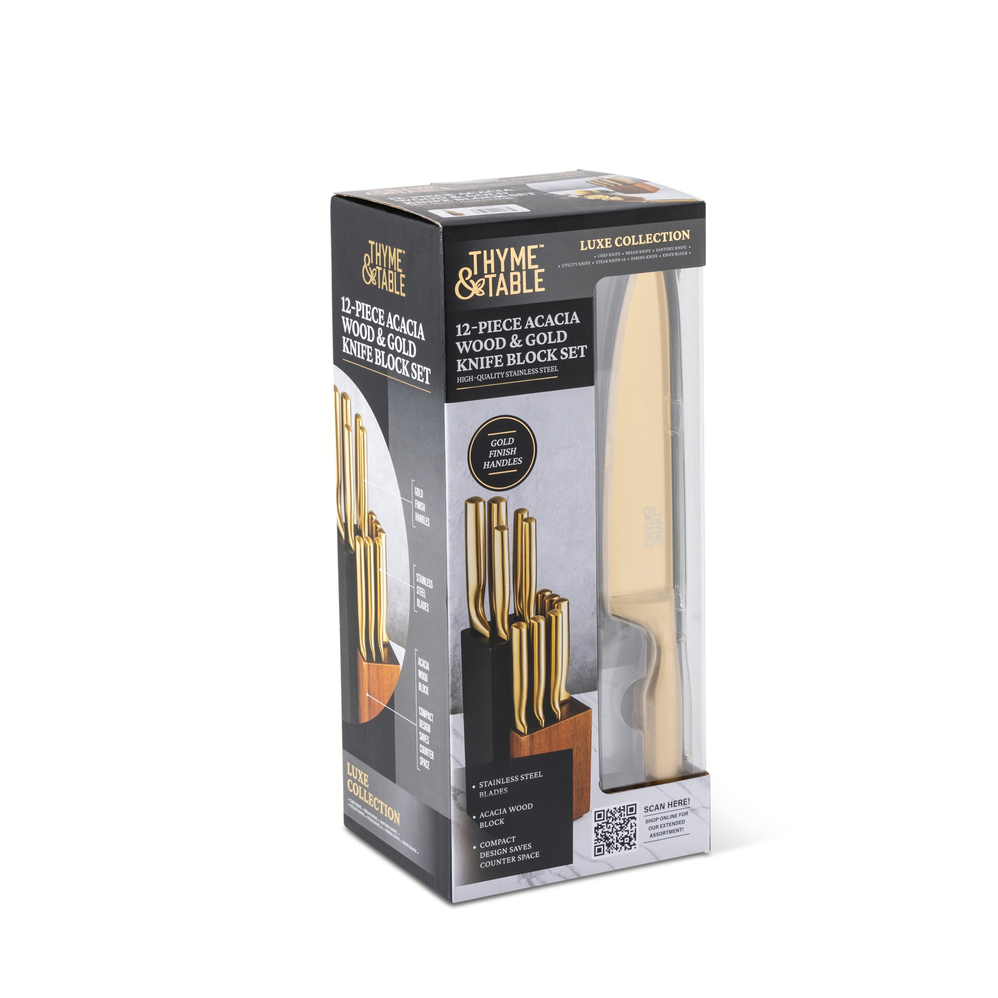 Thyme & Table 12-Piece Acacia Wood & Gold Knife Block Set