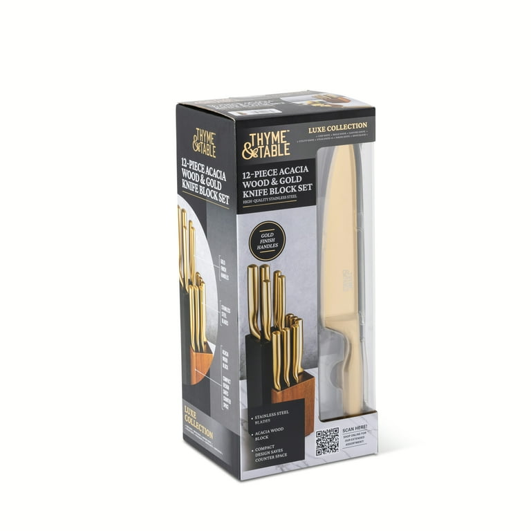 Thyme & Table 12-Piece Acacia Wood & Gold Knife Block Set