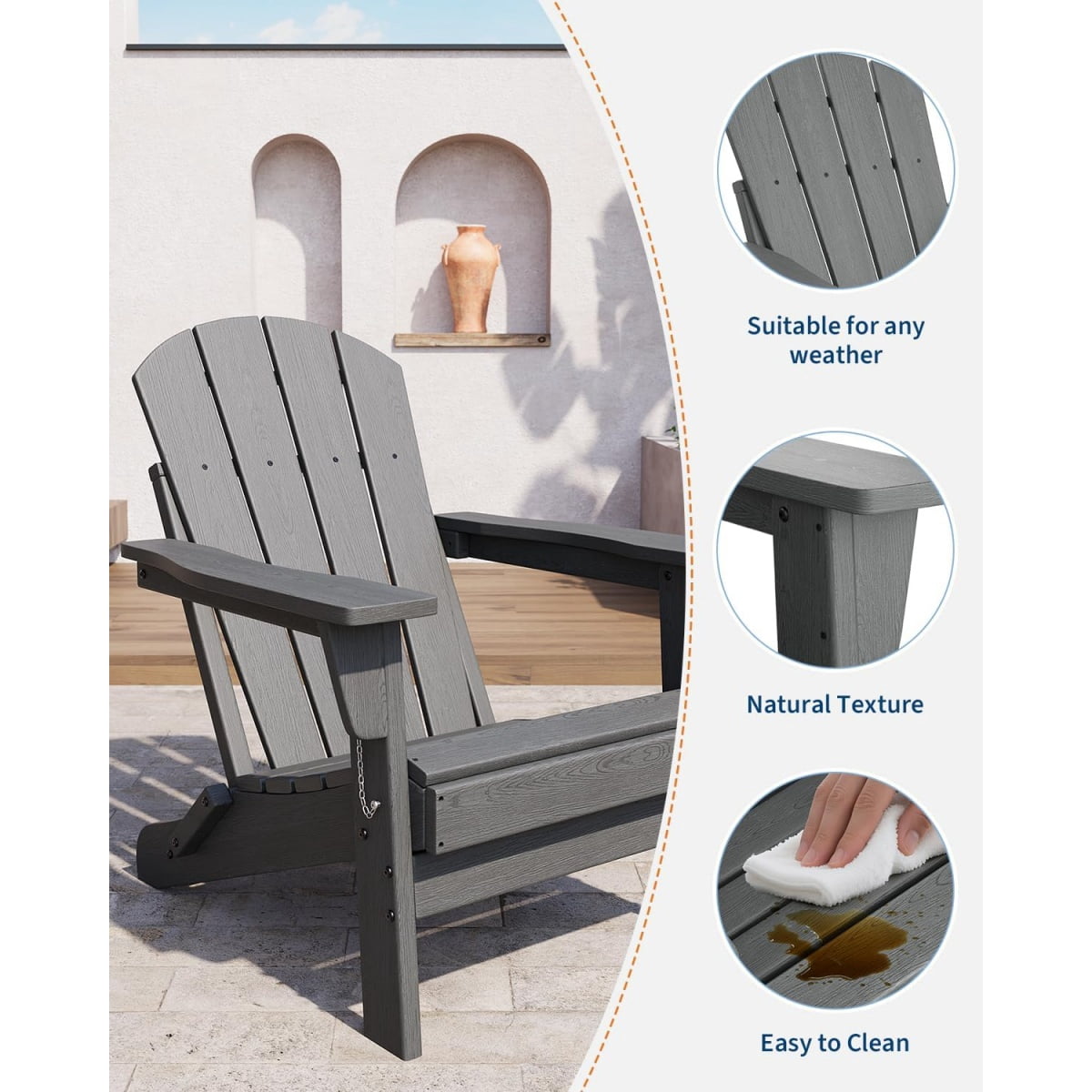 1PC Folding Adirondack Chair, HDPE Outdoor All-Weather Fire Pit Chairs, Outdoor Wooden Lounge Chair, Modern Lounger Adirondack Chairs Ergonomic Extended Backrest for Deck, Patio, Pool, Backyard