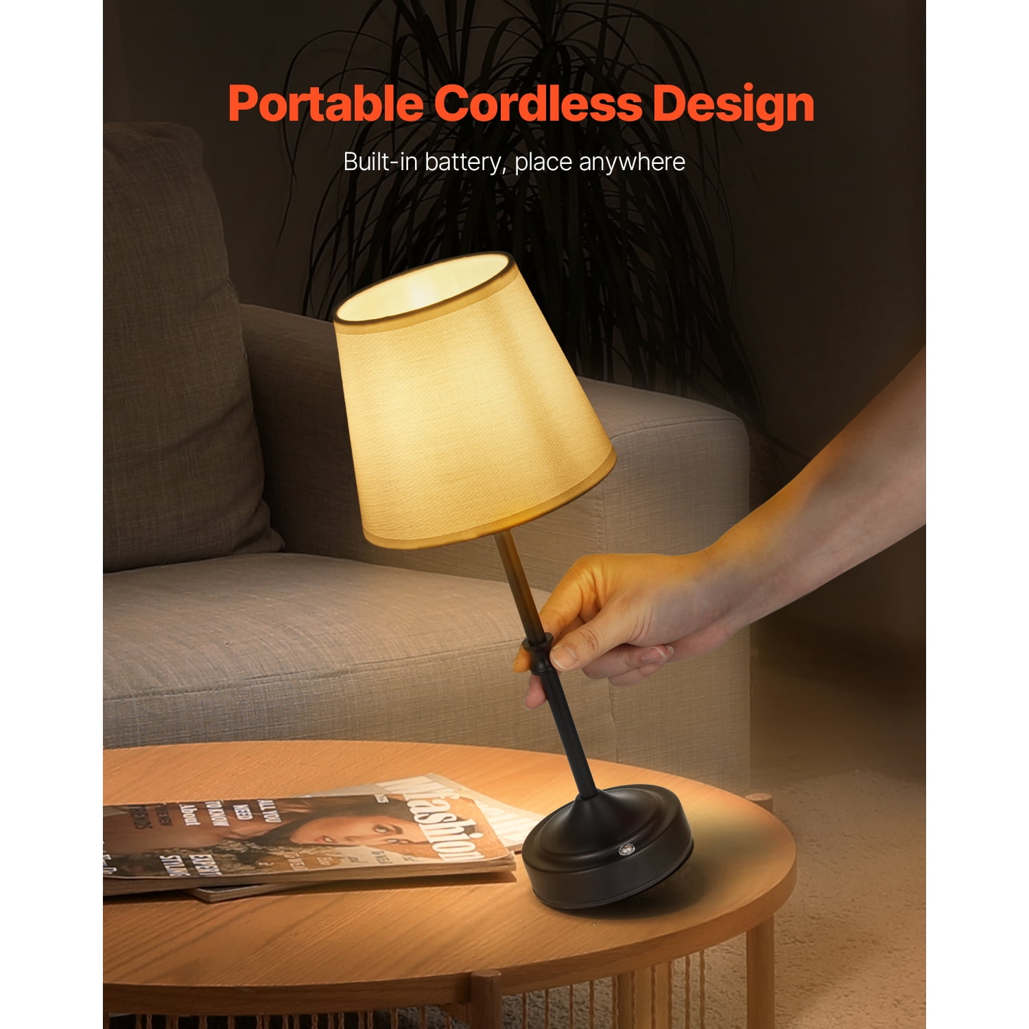 KFFKFF Cordless Table Lamp with Rechargeable Battery, 3-Level Brightness, Fabric Shade, 2700-3000K Warm Light, Ideal for Restaurants, Bedrooms, and Bar Counters, Black