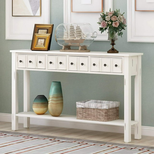 Merax Table console de Style Ferme 60A Longue Table d'Entrée avec Tiroirs de Tailles Différentes et Tablette Inférieure, Table Étroite Blanche de Rangement pour Sofa pour Entrée Couloir (Blanc Antique)
