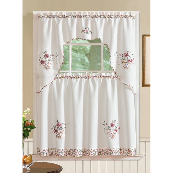 Grand Rose Embroidered Tier and Swag Kitchen Curtain Set