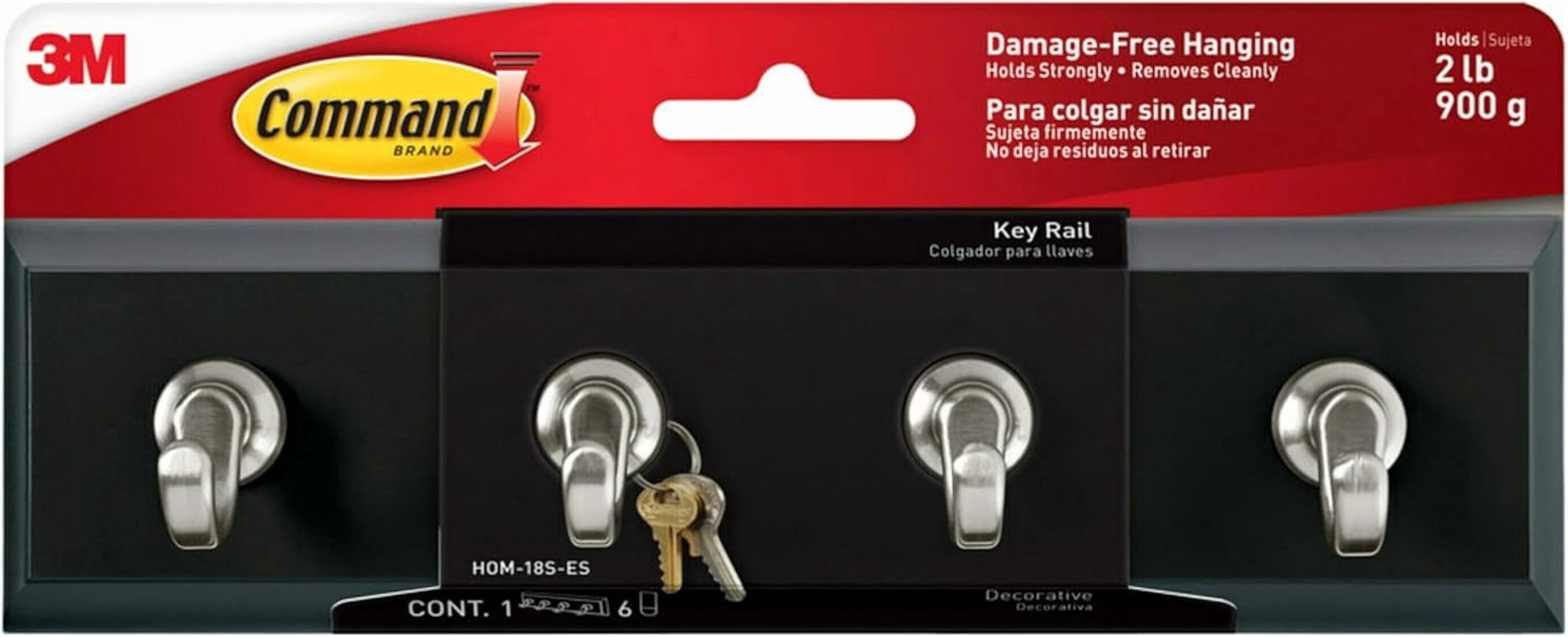 FEFEFW-Command Key Rail, Holds up to 2 lb, 8-inch Rail with 4 Key Hooks and 6 Command Strips, Slate, Removable Key Hooks for Entryway or Hallway, Hang Keys, Hats, Dog Leashes, and Accessories