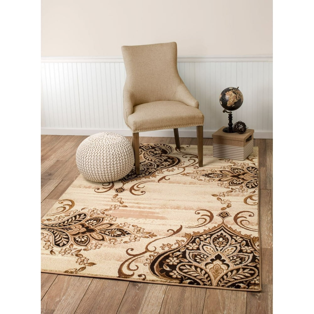 (031) Scatter Mat Rug, Damask Brown, Beige, Cream Area Rug Summit