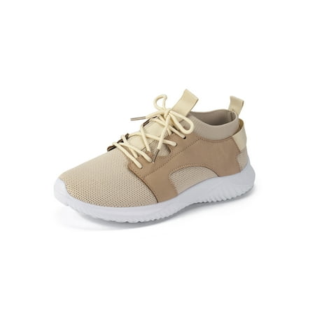 

UKAP Women Sock Sneakers Lace Up Flats Mesh Walking Shoes Comfortable Slip On Casual Sneaker Ladies Soft Sole Lightweight Beige 5.5