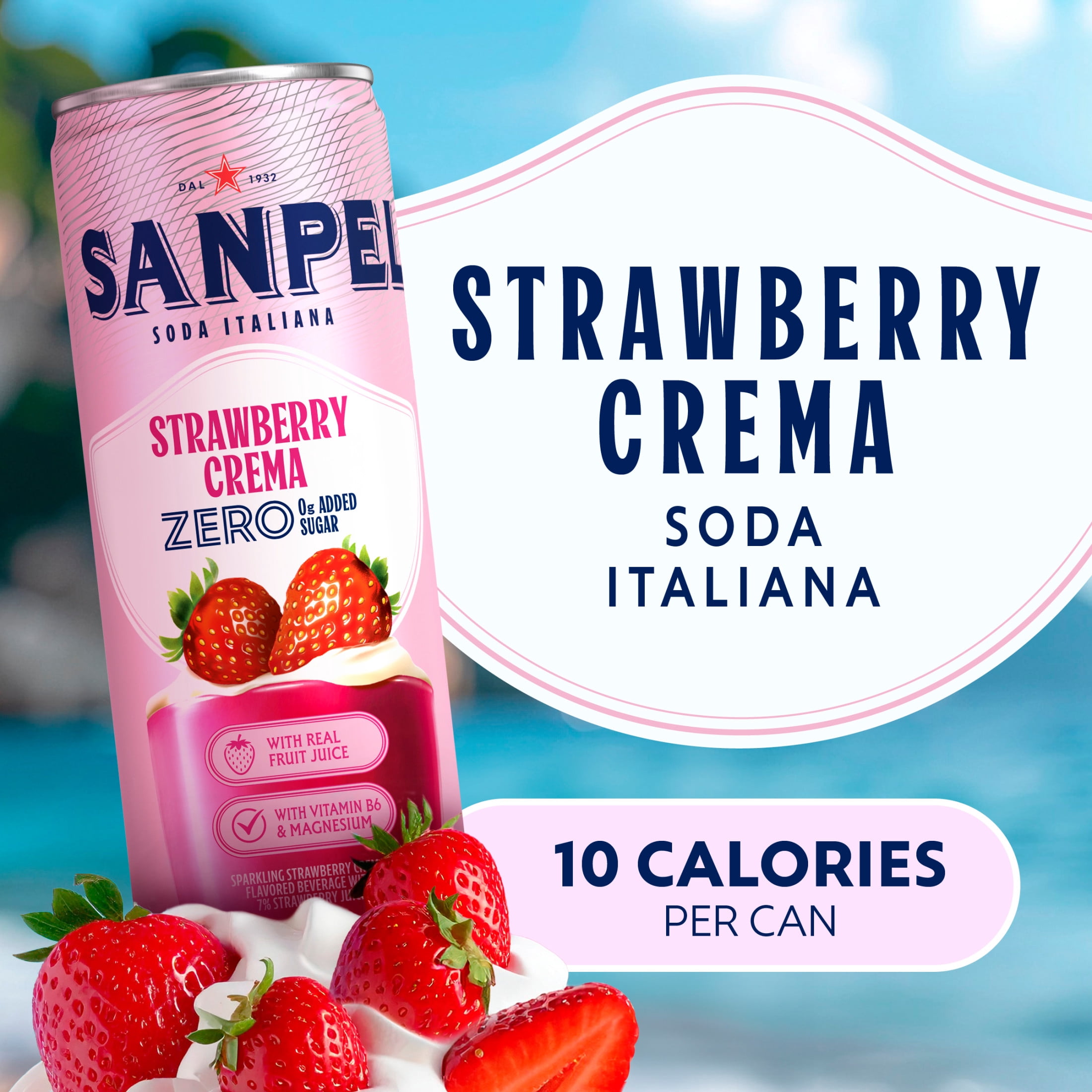 Sanpellegrino Soda Italiana Strawberry Crema, Low Calorie Zero Added Sugar Italian Soda, 6 Pack Cans