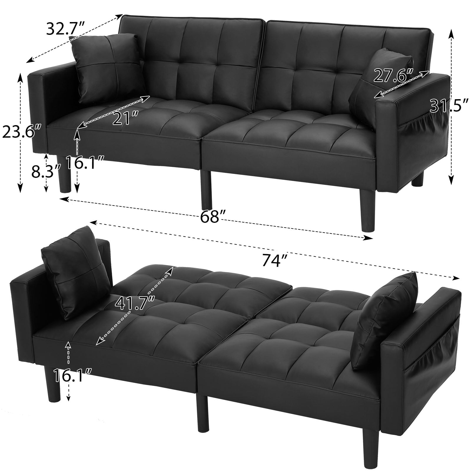AVAWING Modern Upholstered Sofa Bed, Convertible Sectional Sofa, Upholstered Futon Faux Leather Couch w/ 2 Pillows, Apartment, Black