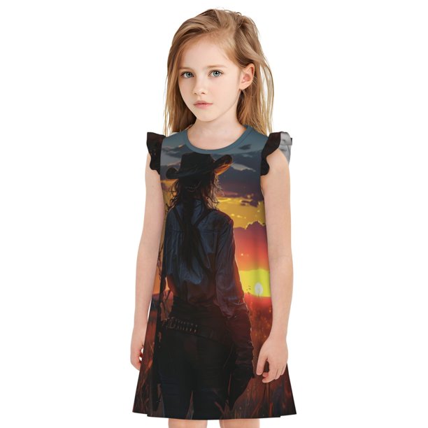 Balery Sunset Western Cowgirl Camisón de princesa para niñas, pijama de algodón con mangas abullonadas, suave y bonito.-Medium