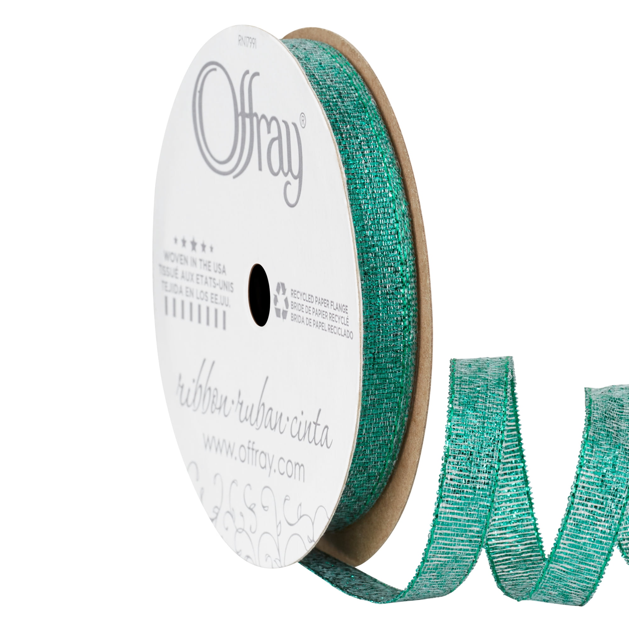 Offray Ribbon, Emerald Green 3/8 inch Galena Metallic Ribbon, 9 feet