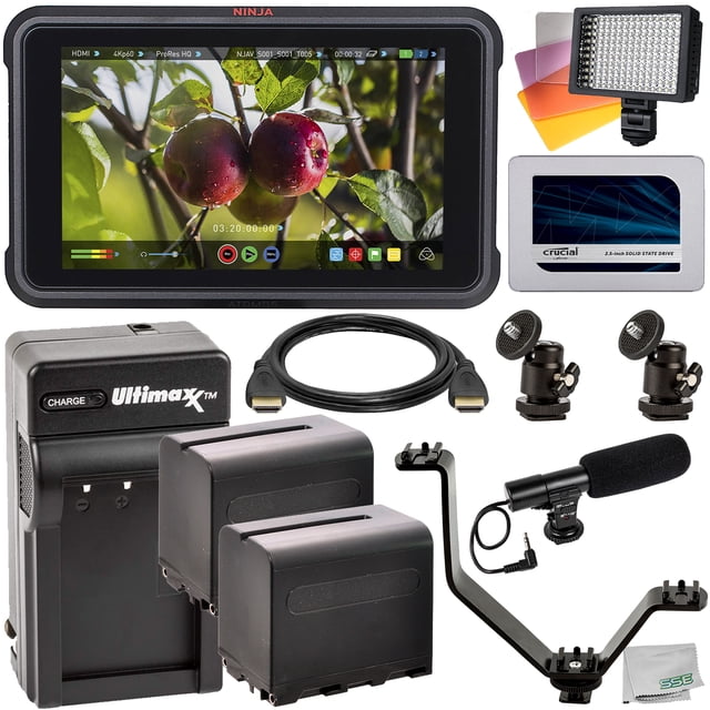 Atomos Ninja V 5" 4K HDMI Recording Monitor Essential Accessory Bundle: Crucial MX500 500GB Solid State Drive, 2x Extended Life Replacement F975 Batteries & More