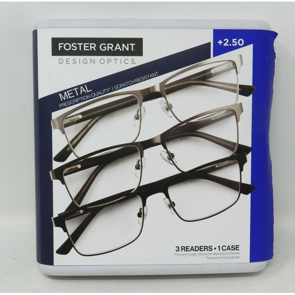 Design Optics By Foster Grant Kyne Full Metal Square  2.50 Reading Glasses 3 Ct