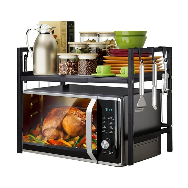 Estantería para Microondas, Estante Organizador de Cocina, Estante Microondas Encimera con 6 Ganchos, Estantería Extensible Cocina de 2 Niveles, Negro