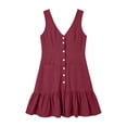 thumbnail image 4 of Women's Cotton Linen Blend Mini Dress V-Neck Sleeveless Button Down Ruffle Hem A-Line Casual Summer Dress for Everyday Beach Wear Wine L(L), 4 of 7