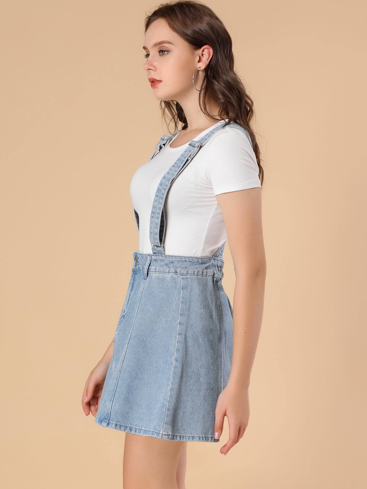 DARING DIVA Women's Button Front A Line Mini Suspender Skirt S Blue