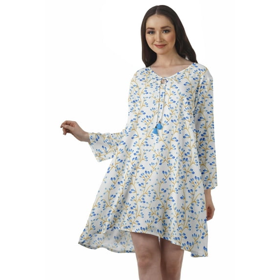 Moomaya Rayon Flared Dress For Womens Long Sleeve Printed V-Neck Casual Beach Dress For Girls