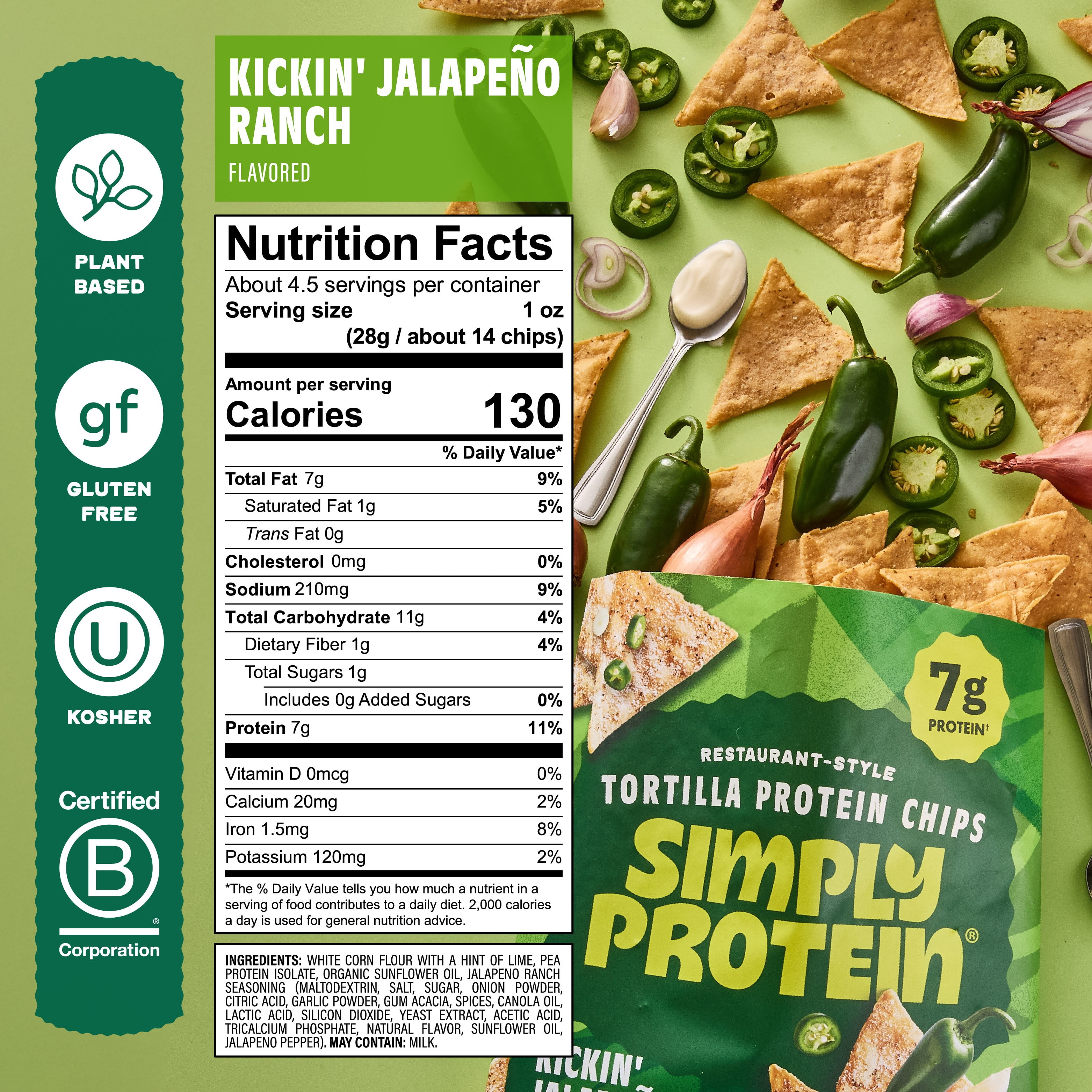 (3 pack) SimplyProtein® Restaurant Style Tortilla Chips Jalepeno Ranch, 7g Protein, Gluten Free, 1 Pack, 4.58 oz