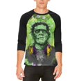 thumbnail image 1 of Halloween Frankenstein Raver Horror Movie Monster Mens Raglan T Shirt White-Black SM, 1 of 2