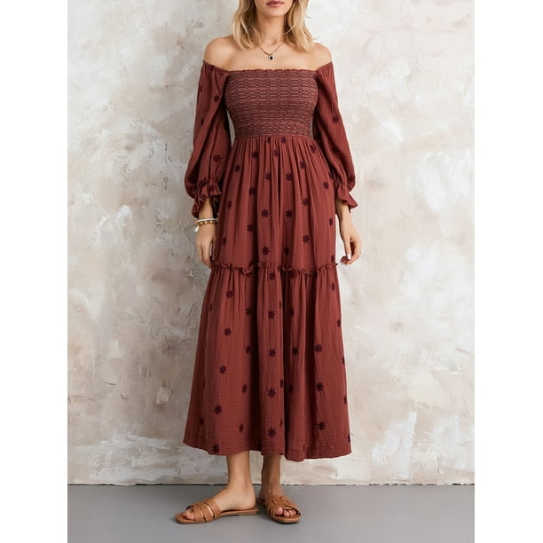 SUNSIOM Women's Summer Casual Flower Embroidered Dress Puff Lantern Sleeve  Square Neck Square Neck Tiered Flowy Dress - Walmart.ca