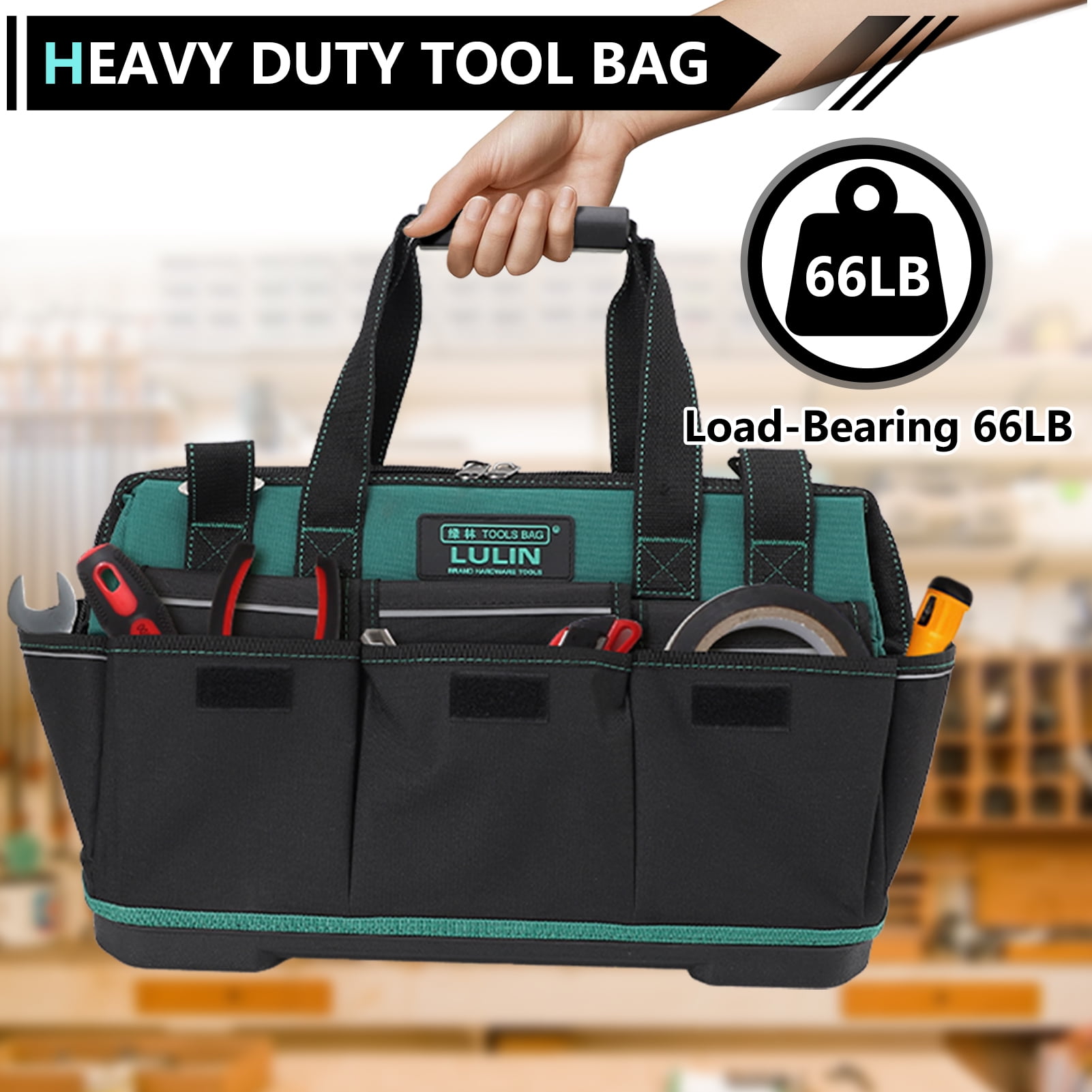 19-inch Tool Bag With 16 Pockets, Heavy Duty Hand Tool Storage Bag With Adjustable Shoulder Strap &amp; Waterproof Strong Molded Base, For Tool Kit Organizer Bag