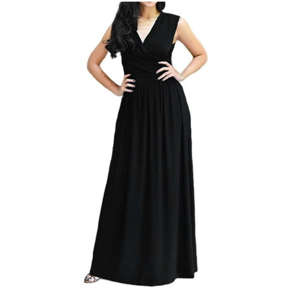 LYEAA Women's Dresses for Attending Wedding Plus Size Sleeveless V Neck Maxi Dress Flowy Elegant Homecoming Dress Solid Color Dress Fashion Holiday Party Dress Ruched Ball Gown Black XXL