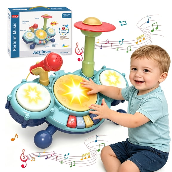 Leimiao Kids Drum Set for Toddlers, Montessori Musical Toys with Microphone, Learning Developmental 1-4 Years Baby Gift (Blue)