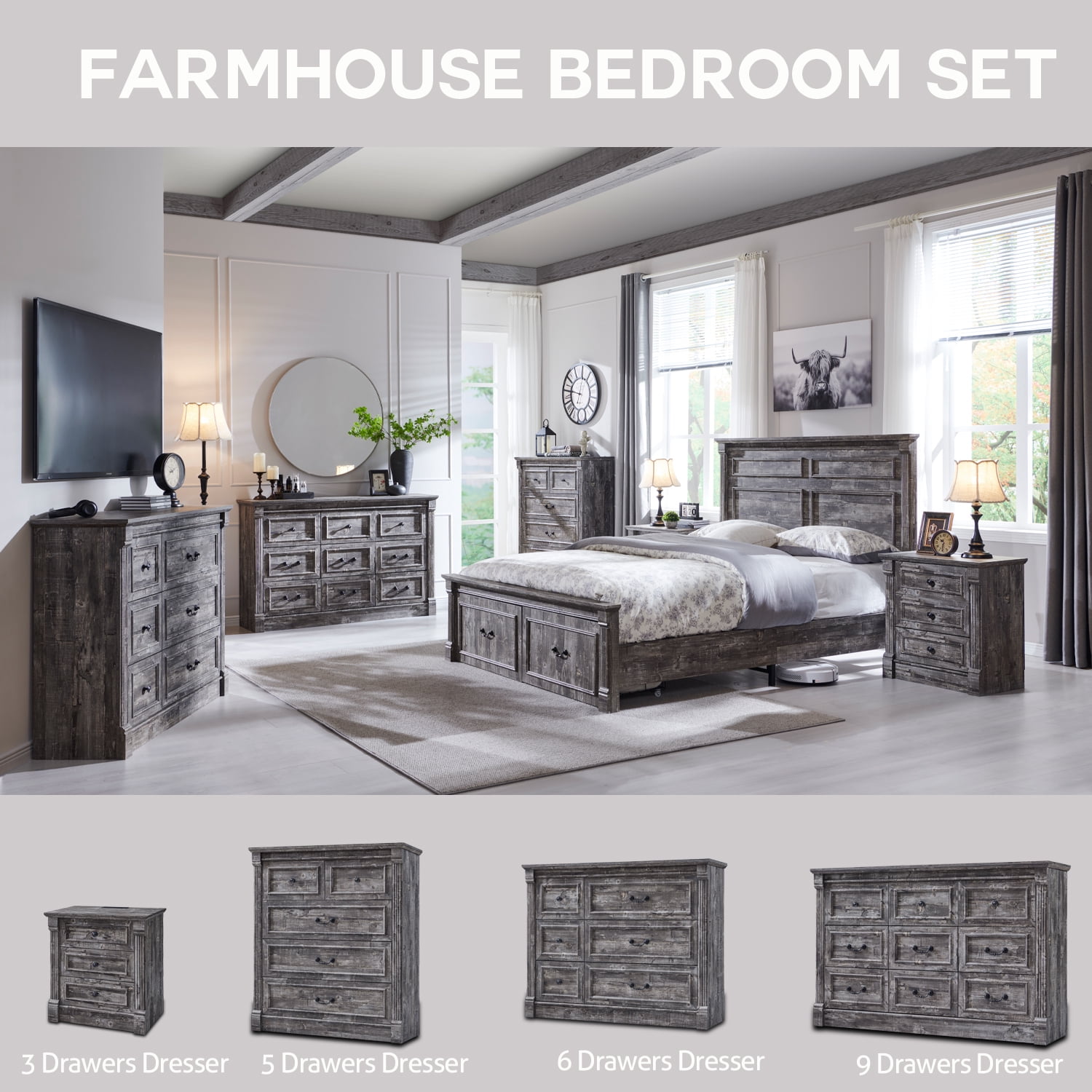 wow97e Farmhouse 6 Drawers Dresser for Bedroom, 48" Wide Wooden Chest of Drawers w/Roman Column, Storage Dressers for Hallway, Living Room