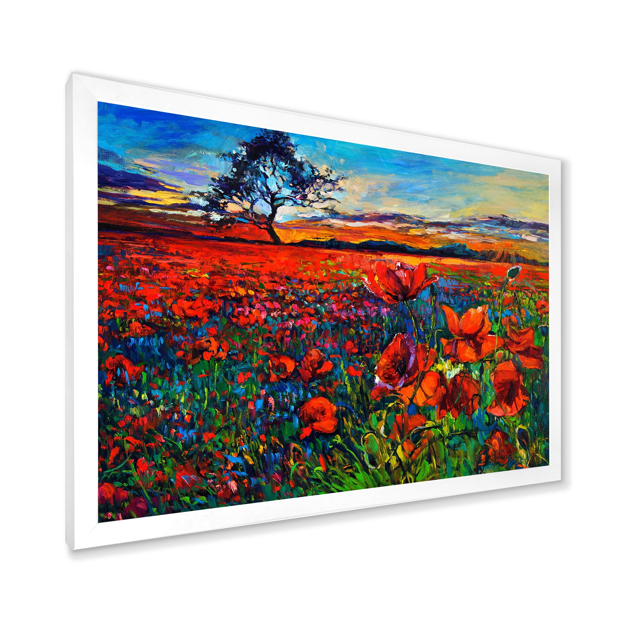 Designart 'Blossoming Red Poppy Fields With Distant Tree' Traditional Framed Art Print