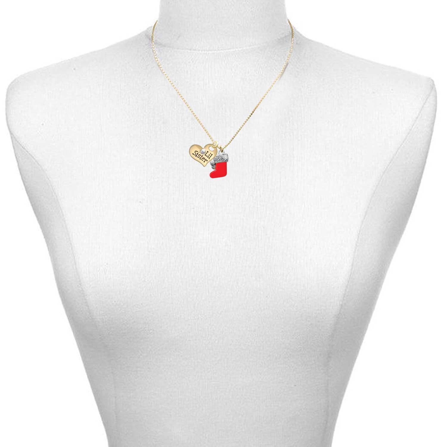 Delight Jewelry Silver-tone 3-D Red Christmas Stocking - Large Goldtone Lil Sister Heart Charm Necklace, 17.5"+2" Extender