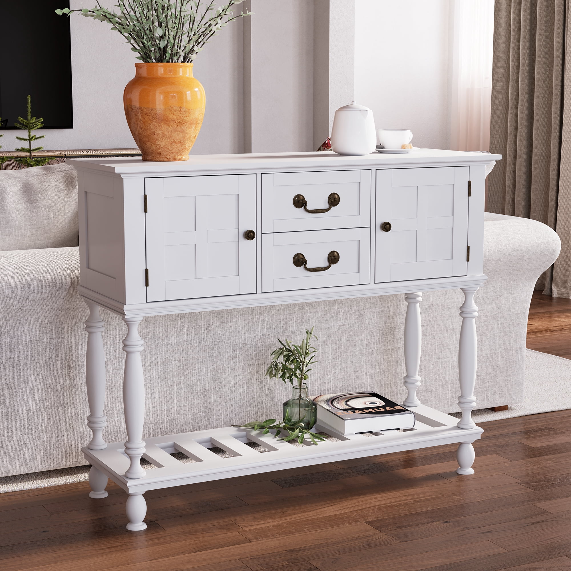 ZOSQUARE 42" White Console Table with Storage Cabinet, Entryway Table with Turned Legs and Bottom Shelf, Vintage Sofa Table Behind Couch for Living Room