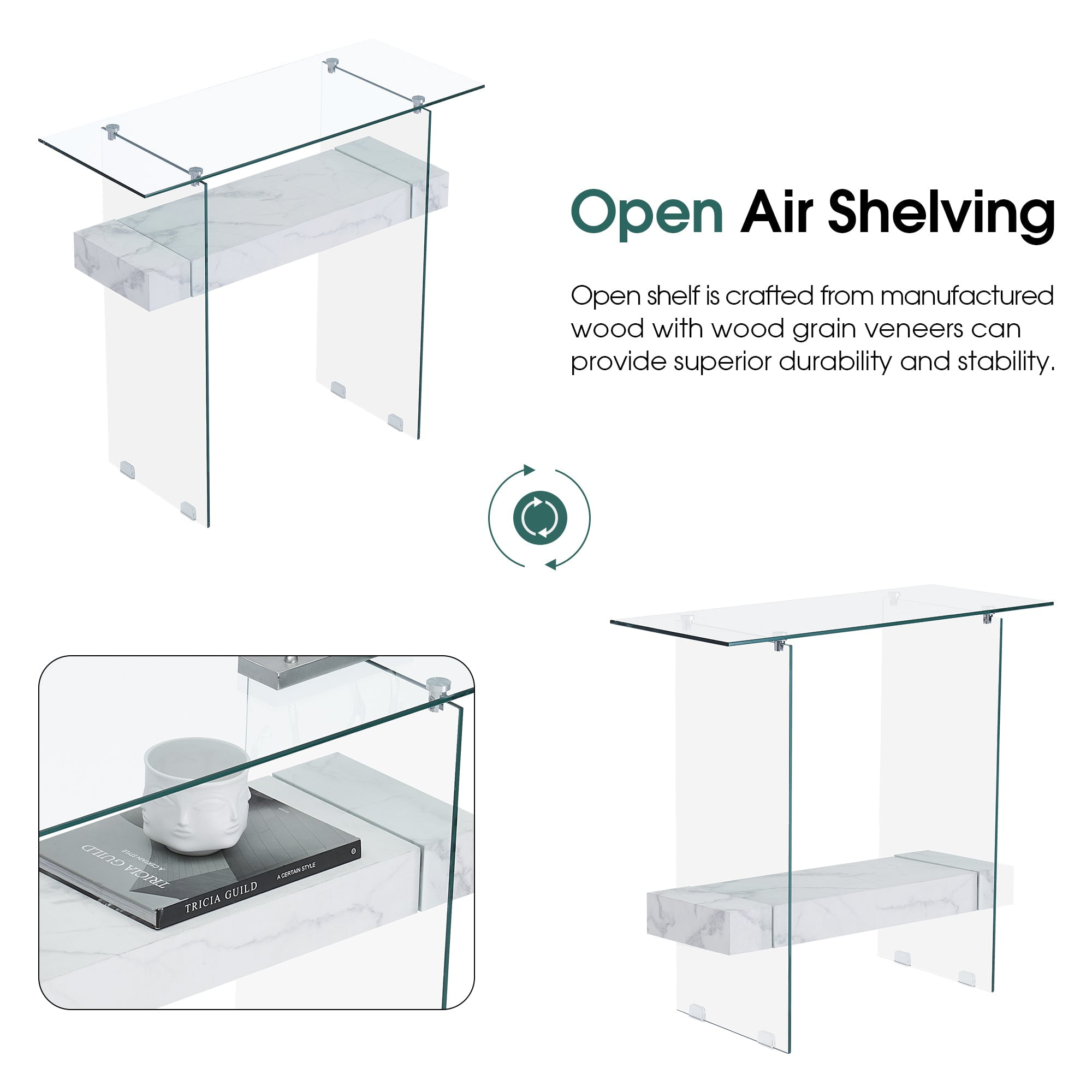 ivinta Narrow Glass Console Table with Storage Modern Sofa Table Entryway Table Glass Writing Desk Small Computer Desk TV Table Buffet Table Modern Accent Table for Small Space