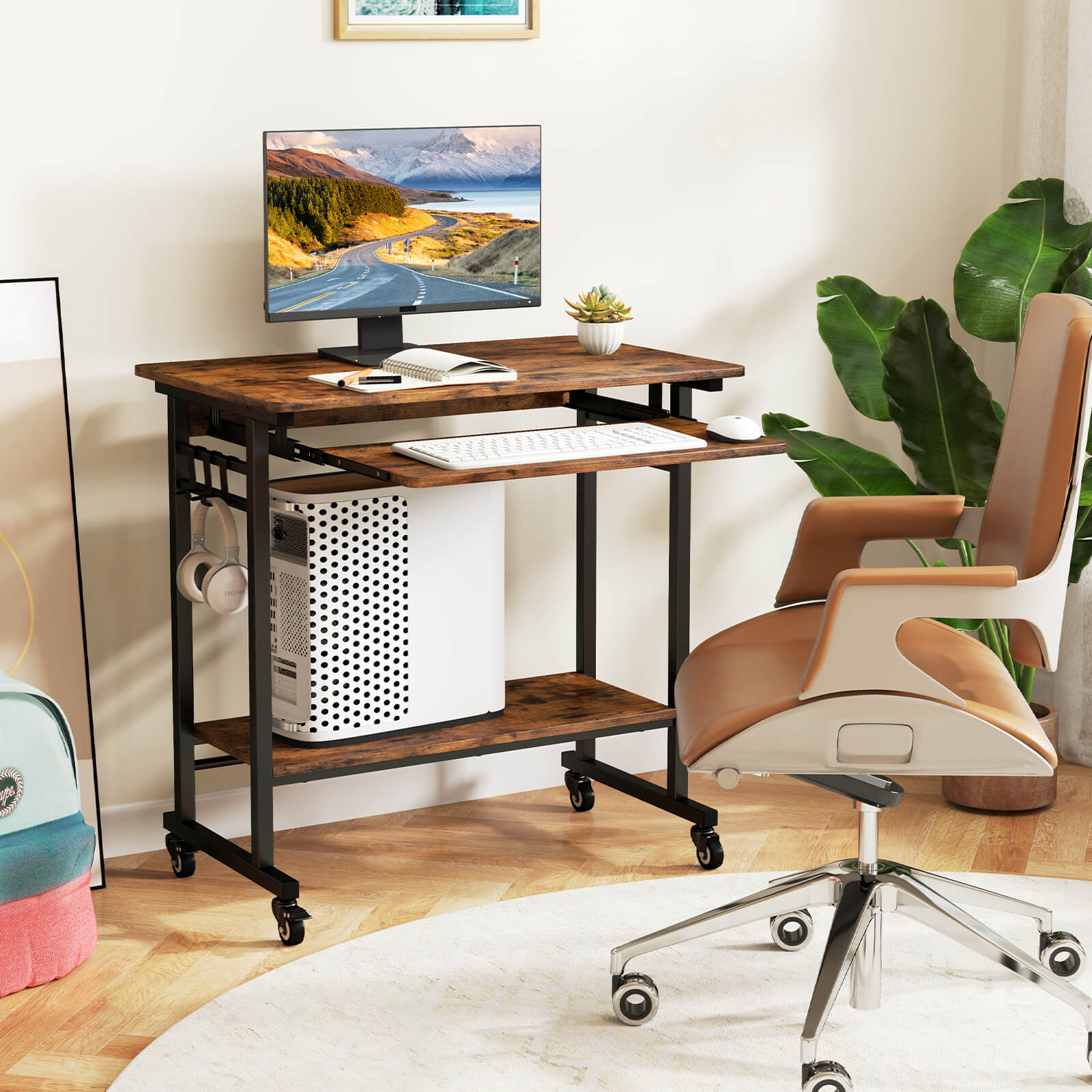 Costway Mobile Laptop Desk with Keyboard Tray, Lower Shelf, 3 Hooks, 4 Universal Wheels Rustic Brown