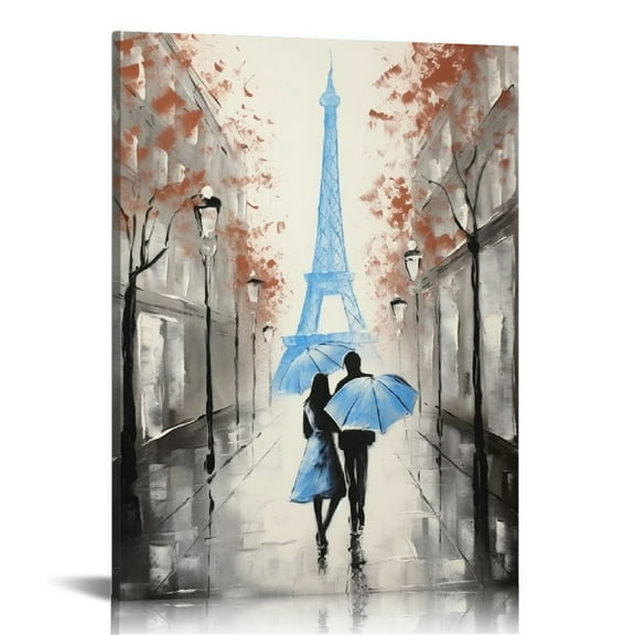JEUXUS Abstract Paris Canvas Wall Art: Black White Eiffel Tower Picture for Living Room Decor, Blue Grey Painting Textured Street Scenery Print Modern Artwork Home Decoration 12x16 in