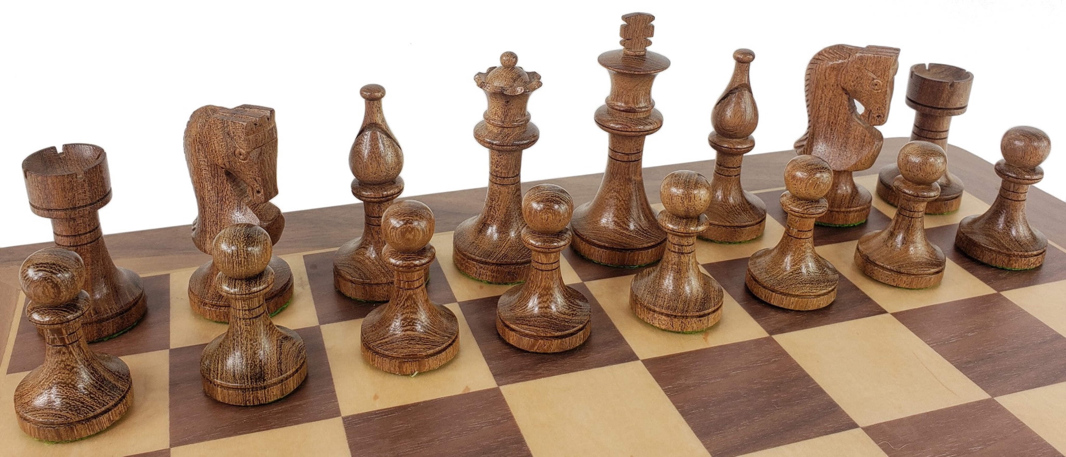 4 Queens Acacia 3 1/2" King Staunton Wood Chess Set W/ 17" Walnut  Maple Board