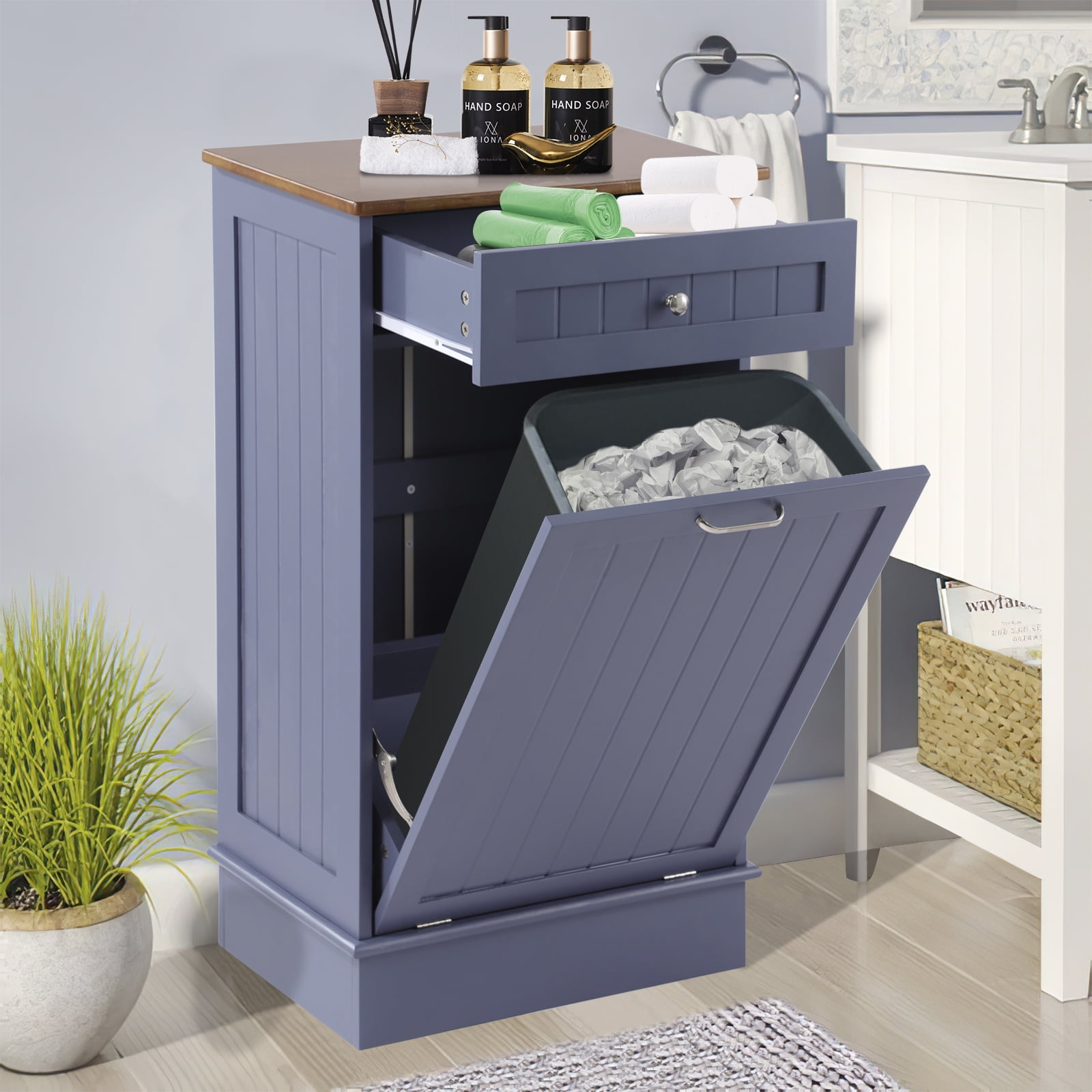KIGOTY Kitchen Tilt-Out Trash Cabinet, 10 Gallon Pet Proof Wood Trash Cans Blue
