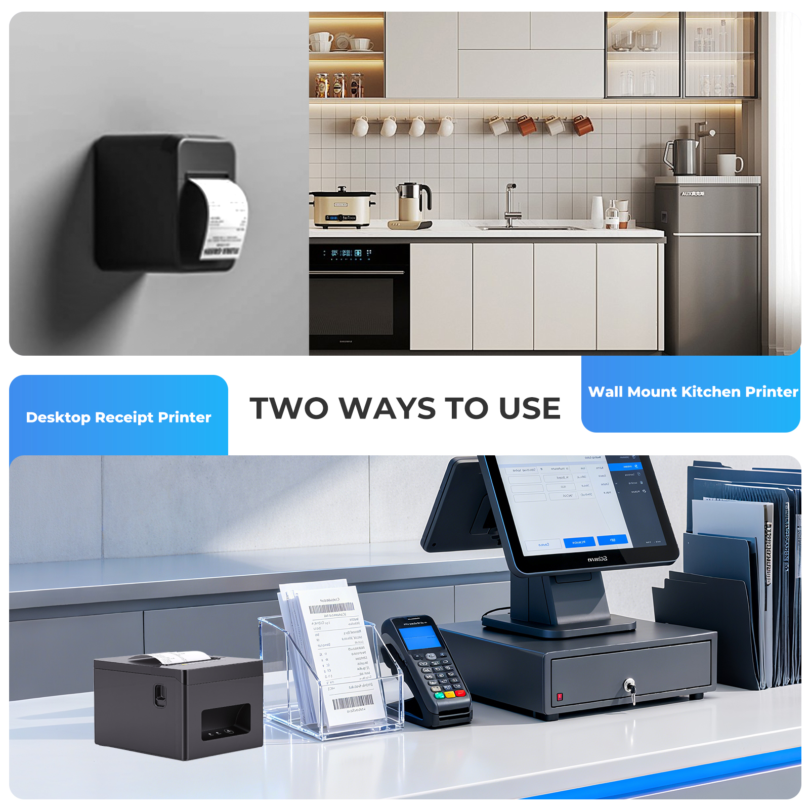 80mm Receipt Printer ESC/POS Thermal Printer, Restaurant Kitchen Printer with Auto Cutter Support Cash Drawer, POS Printer w/ USB Serial Ethernet Interface Support Windows/Mac, Wall Mount