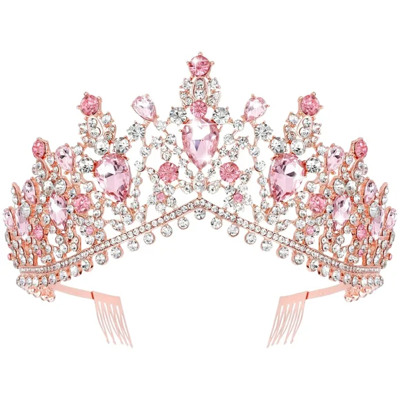 Crystal Wedding Tiara for Women Pink Tiara Princess Tiara Headband Pink Crown Royal Queen Crown Metal Tiara Quinceanera Crown Headpieces
