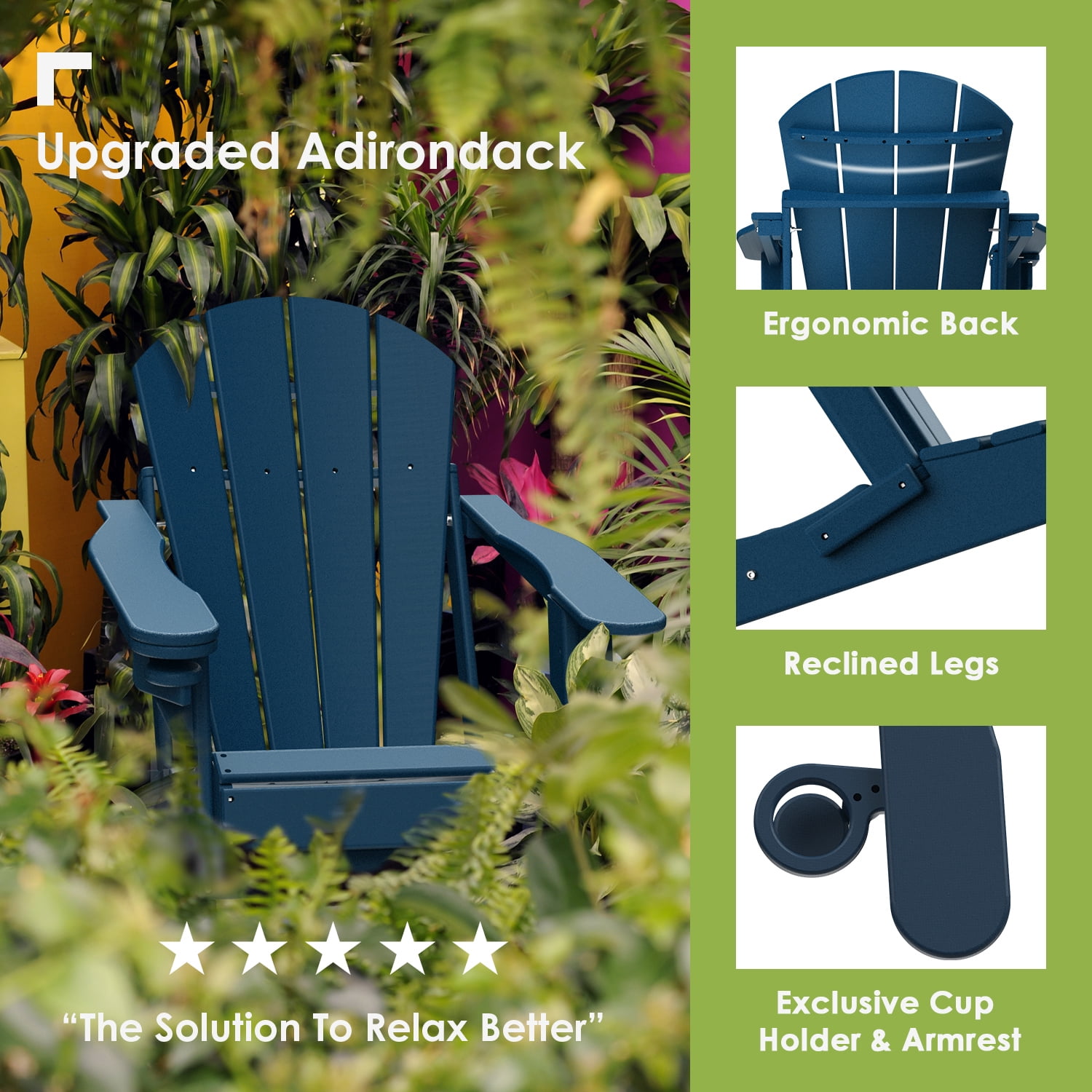 Folding Adirondack Chair HDPE Weather Resistant Patio Chairs w/Cup Holder for Fire Pit, Deck, Outdoor, Blue(Set of 4)
