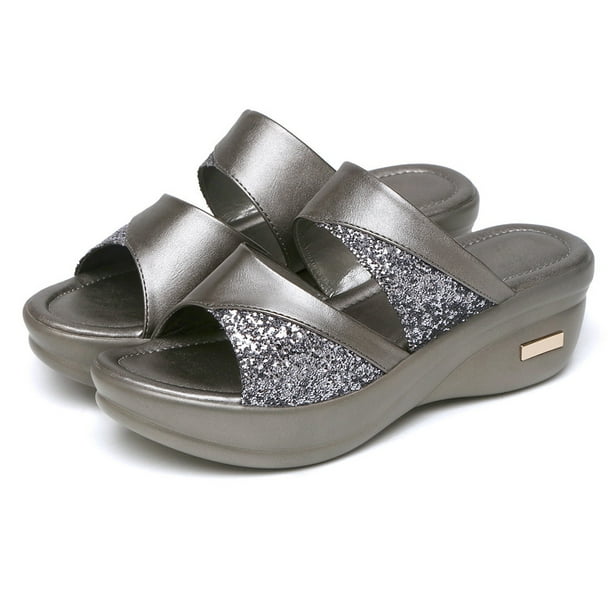 Women Summer Wear Thick Bottom Platform Wedge Heels Shoes Ladies Fish Mouth  Sandals Slippers (Grey 39) 
